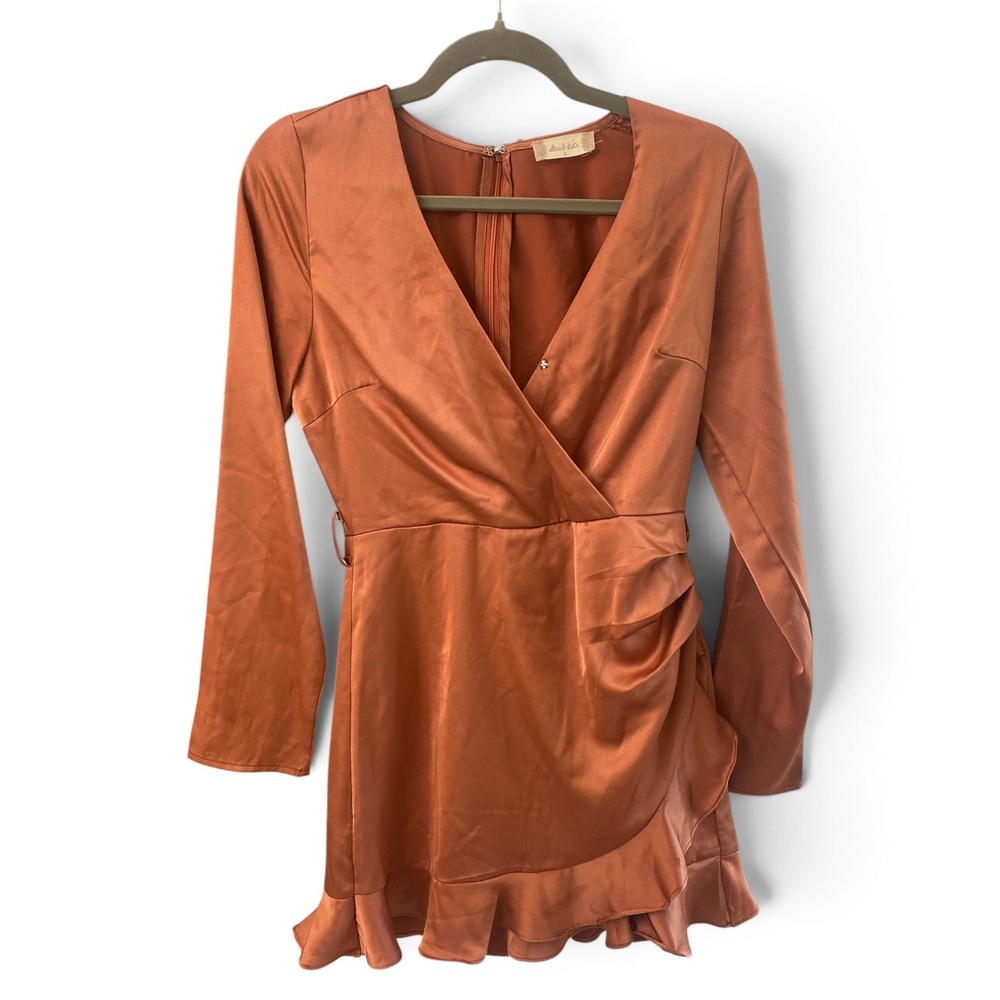 Altar'd State Rust Copper Satin Long Sleeve Ruffle Wrap Mini Dress Small